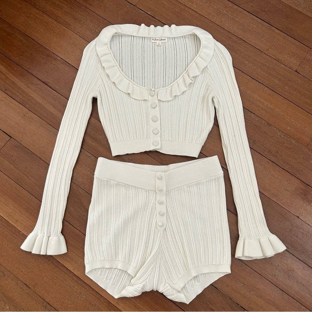 For Love & Lemons Cream Knit Ruffle Cropped Cardigan & Shorts Set